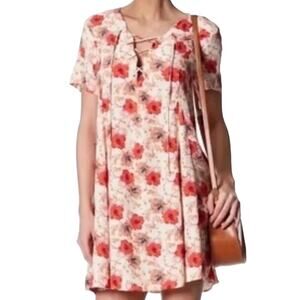 ASTR Floral Mini Dress Women L Hibiscus Lace Up Tropical Cottagecore Beachy Boho